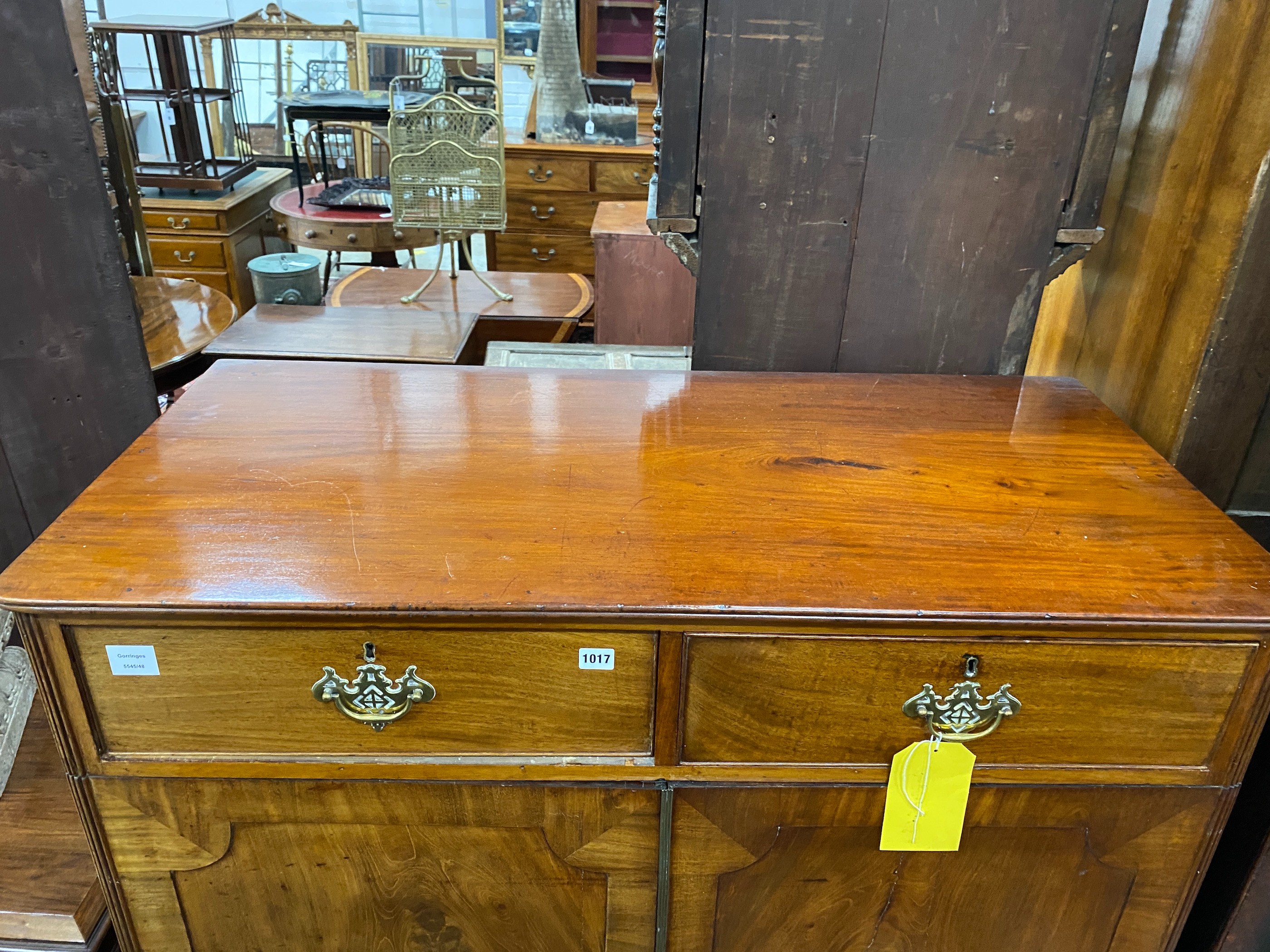A George III mahogany press cupboard, width 115cm, depth 55cm, height 142cm